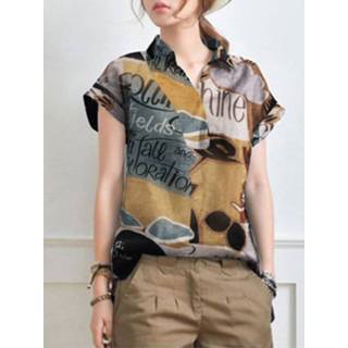 👉 Short sleeve cotton s vrouwen zwart Abstract Painted Letter Plaid Casual Blouse