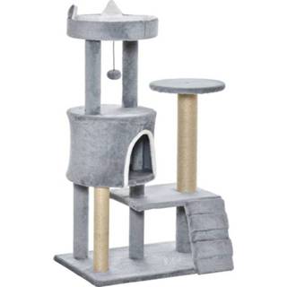 👉 Krabpaal grijs active Paws kattenboom met kattengrot trap spaanplaat jute 6011613092003