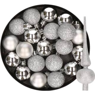 👉 Kerstbal zilver kunststof 24x stuks kerstballen 6 cm inclusief glitter piek