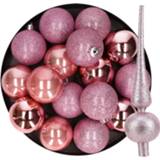 👉 Kerstbal roze kunststof 24x stuks kerstballen 6 cm inclusief glitter piek