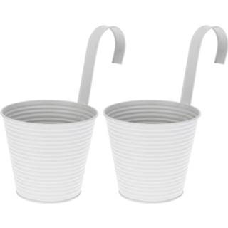 Plantenbak wit zink metaal Set van 4x stuks bloempotten/plantenbakken met ophanghaak gestreept 14 x 12 24 cm