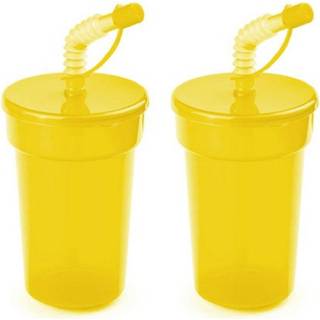 👉 Plastic drinkbeker geel kunststof kinderen peuters Set van 6x stuks afsluitbare 400 ml met rietje voor kinderen/peuters