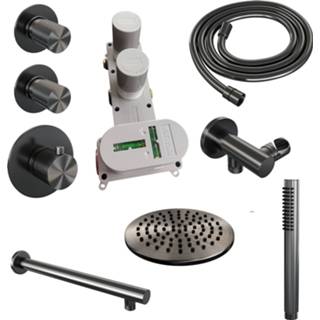 👉 Handdouche gunmetal Regendoucheset Inbouw Brauer Carving Thermostatisch 20cm met Wandarm en Staaf Losse Stopkranen Geborsteld 8720359392930