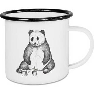 👉 Beker wit zwarte emaille - Panda met Plantje Bamboo en gieter rond 500ml 4260685634167