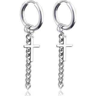 👉 Oorring zilverkleurig zilver edelstaal mannen Stalen oorringen met ketting en kruis 8720629983769