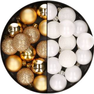 👉 Kerstbal kunststof goud active wit 28x stuks kleine kerstballen en 3 cm