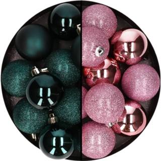👉 Kerstbal kunststof active roze groen 24x stuks kerstballen mix van petrol en 6 cm
