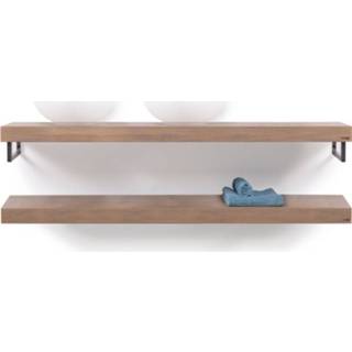 👉 Looox Wooden Base Shelf Duo Eiken Old Grey 100cm RVS handdoekhouder rechts & links