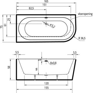 👉 Badafvoer XS 165 wit Xenz Charley Rechts 165x75x58 incl. 7006 badafvoer/vulcombinatie mat 8720247040400