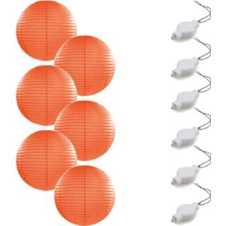 👉 Lampion oranje Setje van 6x stuks luxe bolvormige party lampionnen 35 cm met lantaarnlampjes