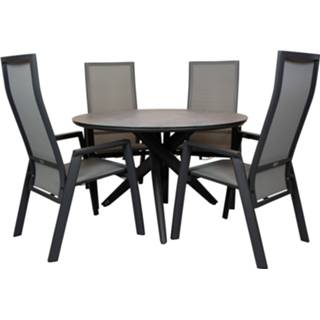 👉 Terrastafel aluminium grijs Qopps Zukla 120 cm rond tuintafel met Palsa verstelbare tuinstoel