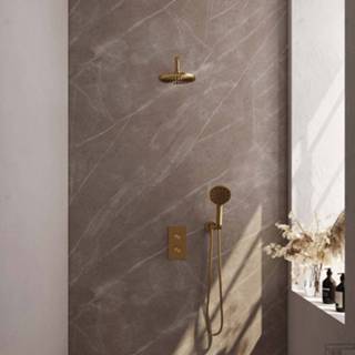 👉 Hand douche goud Regendoucheset Inbouw Brauer Gold Carving Thermostatisch 20cm met 3-Weg Omstelling, Gebogen Wandarm en 3-Standen Handdouche Geborsteld 8720359391056