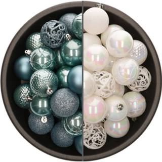 👉 Kerstbal parelmoer kunststof active wit 74x stuks kerstballen mix van en ijsblauw 6 cm