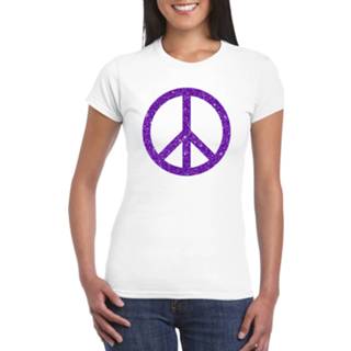 👉 Shirt wit paarse katoen volwassenen active toppers vrouwen Flower Power t-shirt glitter peace teken dames