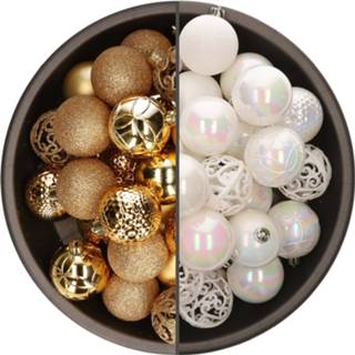 👉 Kerstbal parelmoer goud kunststof active wit 74x stuks kerstballen mix van en 6 cm