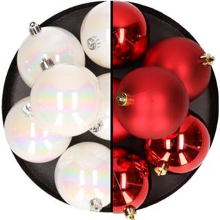 👉 Kerstbal parelmoer kunststof ch active wit rood 12x stuks kerstballen 8 cm mix van en