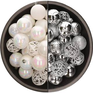 👉 Kerstbal kunststof parelmoer zilver active wit 74x stuks kerstballen mix van en 6 cm