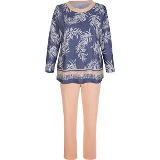 👉 Pyjama blauw ecru katoen effen vrouwen galonprint voor met contrastkleurige bies TruYou Blauw/Apricot/Ecru 4055709062145 4055709062084