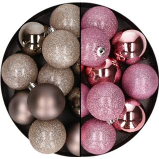 👉 Kerstbal kunststof active roze 24x stuks kerstballen mix van champagne en 6 cm