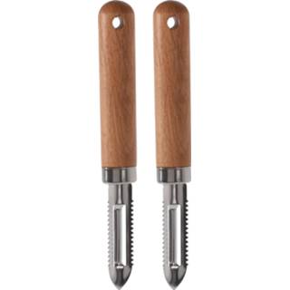 👉 Schilmes RVS steel houten 2x stuks keukengerei fruit/aardappel en handvat 18 cm