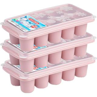 👉 Houten blok roze kunststof 4x stuks Trays met dikke ronde blokken ijsblokjes/ijsklontjes vormpjes 10 vakjes oud