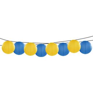 👉 Lampion blauw geel Feest/tuin versiering 8x stuks luxe bol-vorm lampionnen en dia 35 cm