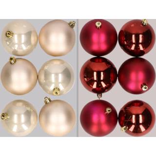 👉 Kerstbal kunststof active rood 12x stuks kerstballen mix van champagne en donkerrood 8 cm