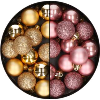 👉 Kerstbal kunststof goud active roze 28x stuks kleine kerstballen velvet en 3 cm