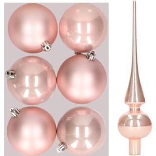 👉 Kerstbal kunststof active roze Set van 6x stuks kerstballen 8 cm inclusief glazen piek lichtroze