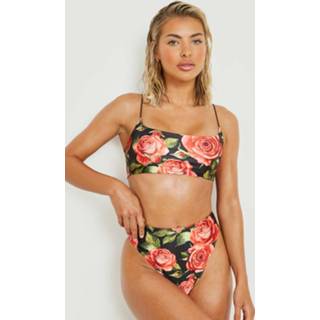 👉 Rozen Print Bikini Set Met Dunne Bandjes, Black