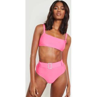 👉 High Waist Bikini Set Met Lage Ronde Hals, Steentjes En Ceintuur, Pink