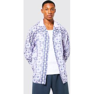 👉 Oversized Bandana Print Slub Overhemd Met Lange Mouwen, Lilac