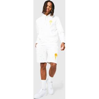 👉 Geborduurd Palm Print Trainingspak Met Capuchon En Shorts, Ecru
