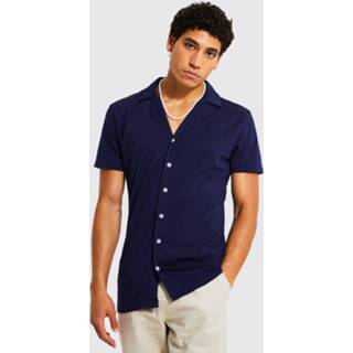 👉 Jersey Muscle Fit Overhemd Met Korte Mouwen En Revers Kraag, Navy