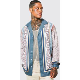 👉 Oversized Bandana Print Slub Overhemd Met Lange Mouwen En Revers Kraag, Sage