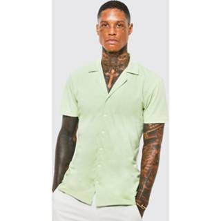 👉 Jersey Slim Fit Overhemd Met Korte Mouwen En Revers Kraag, Sage