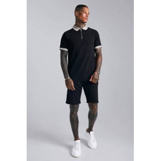 👉 Zwart XL Slim Fit Polo Met Textuur En Shorts Set, Black