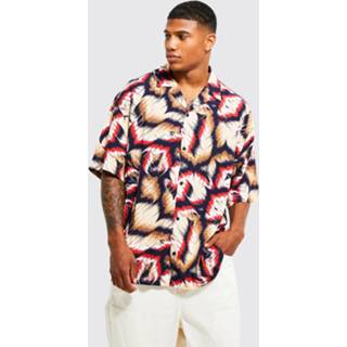 👉 Oversized Abstract Viscose Boxy Overhemd Met Revers Kraag, Ecru