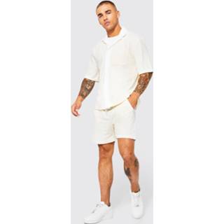 👉 Contrasterend Badstoffen Overhemd En Shorts Set, Stone