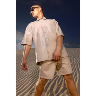 👉 Oversized Boxy Overhemd Met Korte Mouwen En Shorts, Taupe
