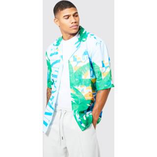 👉 Drop Palm Print Overhemd Met Korte Mouwen En Revers Kraag, Pastel Blue
