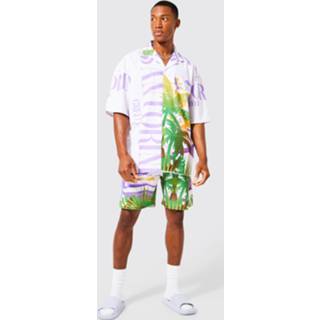 👉 Oversized Palm Print Boxy Slub Overhemd En Shorts, Lilac