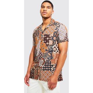👉 Tall Viscose Overhemd Met Revers Kraag, Patches En Print, Brown