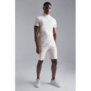 👉 Pique Polo Met Hoge Kraag En Shorts Set, Taupe