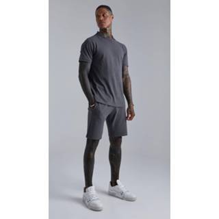 👉 Geribbelde Pique Polo En Shorts Set, Charcoal
