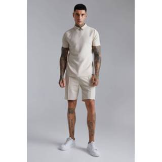 👉 Badstoffen Slim Fit Set Met Polo En Shorts, Beige