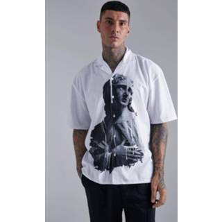 👉 Oversized Boxy Slub Standbeeld Overhemd Met Revers Kraag En Print, White