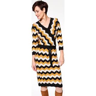 👉 Gebreide jurk zwart mosterdgeel ecru grafisch vrouwen met trendy patroon MONA Zwart/Mosterdgeel/Ecru 4055708898608 4055708898622