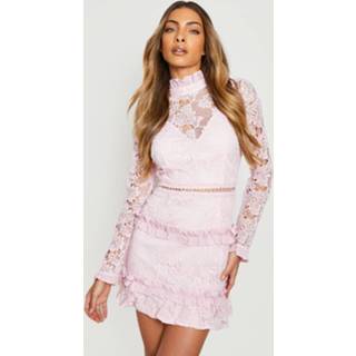 👉 Mini jurk blush Kanten Met Hoge Hals, Lange Mouwen En Laagjes,