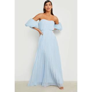 👉 Geplooide Bardot Maxi Jurk Met Pofmouwen, Pastel Blue